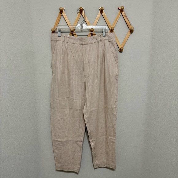 Abercrombie & Fitch Long Linen-blend Pleated Tapered Pants Beige Gingham Size L - Picture 2 of 8